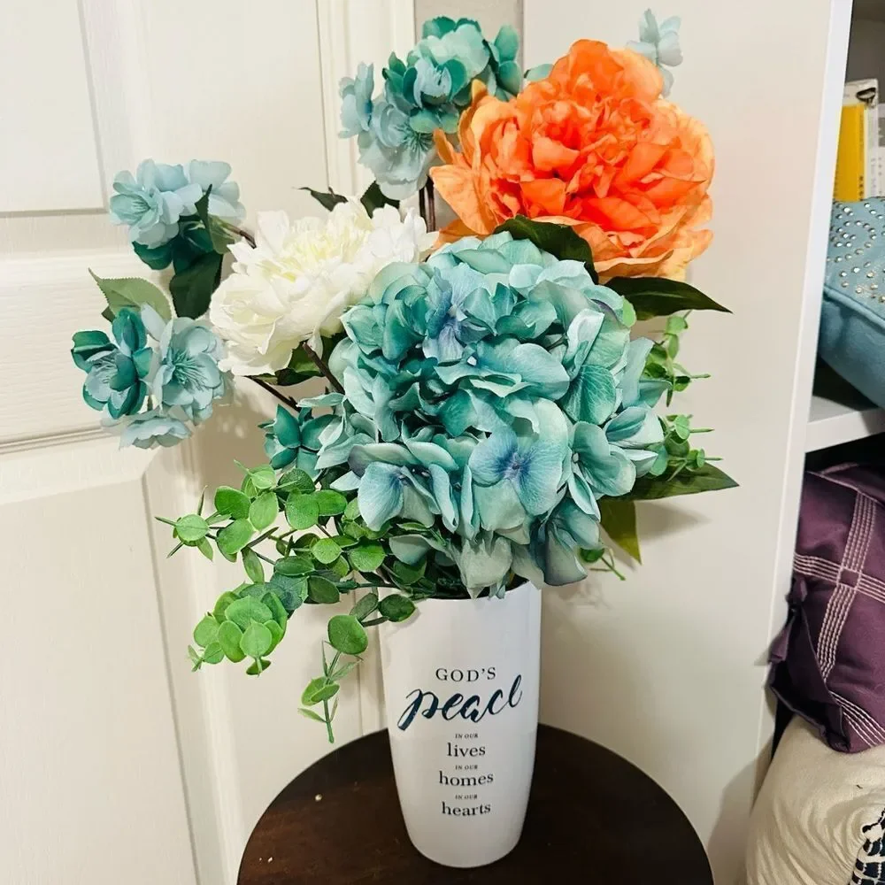 Summer Flower Arrangement Teal Orange Eucalyptus Floral Stems